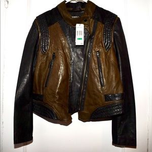 Olive/black leather jacket. 100% leather